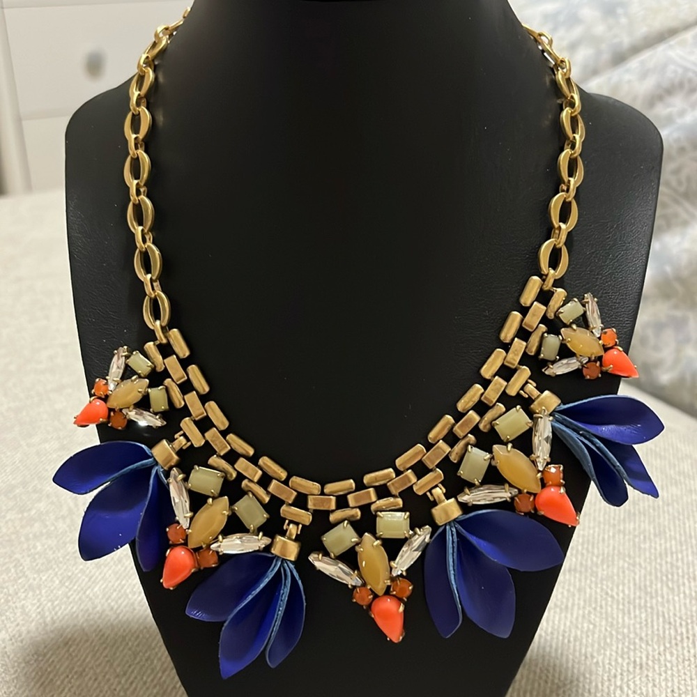 Stella & Dot Blue Leather, Orange & Gold Jeweled Statement Necklace